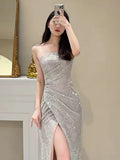 Simple Mermaid Sequin Party Dresses Long Slit Prom Dresses HZ1022