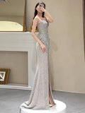 Simple Mermaid Sequin Party Dresses Long Slit Prom Dresses HZ1022