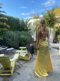 Mermaid Yellow Silk Satin Evening Party Dress Long Backless Prom Dress HZ1022