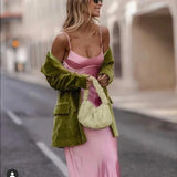 Simple A line Straps Sleeveless Party Dress Silk Satin Pink Prom Dress HZ1022