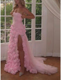 Sexy A line Sweetheart Sleeveless Party Dress Pink Slit Flowers Prom Dress HZ1022