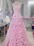Sexy A line Sweetheart Sleeveless Party Dress Pink Slit Flowers Prom Dress HZ1022