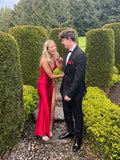 Sexy Red Mermaid Side Slit Maxi Long Party Satin Prom Dresses HZ1022
