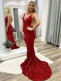 Sexy Red Mermaid Sequin Backless Long Party Prom Dresses HZ1022