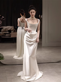 Simple Mermaid Evening Dress Ivory Satin Long Prom Dress HZ1022