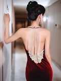 Luxury Mermaid Velvet Evening Dress Red Long Prom Dress HZ1022