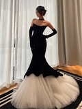 Luxury Mermaid Velvet Evening Dress Black Long Prom Dress With Gloves HZ1022