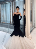 Luxury Mermaid Velvet Evening Dress Black Long Prom Dress With Gloves HZ1022