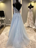 A line Blue Spaghetti Strap Tulle Long Prom Dress with Lace HZ1022