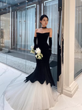 Luxury Mermaid Velvet Evening Dress Black Long Prom Dress With Gloves HZ1022