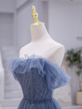 A line Blue Strapless Tulle Long Prom Dress HZ1022