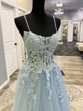 A line Blue Spaghetti Strap Tulle Long Prom Dress with Lace HZ1022