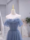 A line Blue Strapless Tulle Long Prom Dress HZ1022