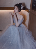 A line Off The Shoulder Tulle Gray Party Dresses Long Prom Dresses HZ1022