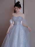 A line Off The Shoulder Tulle Gray Party Dresses Long Prom Dresses HZ1022