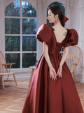 A line Burgundy Party Dresses Long Satin Prom Dresses HZ1022