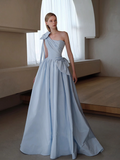 A line Light Sky Blue Party Dresses Long Satin One Shoulder Prom Dresses HZ1022