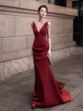 Simple Mermaid V neckline Party Dresses Long Burgundy Prom Dresses HZ1022