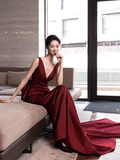 Simple Mermaid V neckline Party Dresses Long Burgundy Prom Dresses HZ1022