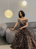 Simple A line Off The Shoulder Sequin Party Dresses Long Black Prom Dresses HZ1022