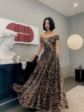 Simple A line Off The Shoulder Sequin Party Dresses Long Black Prom Dresses HZ1022