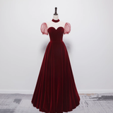 A line Burgundy Evening Party Dress Velvet Long Prom Dress HZ1022
