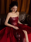 Sexy Mermaid Strapless Sleeveless Party Dress Red Long Prom Dress HZ1022