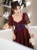 A Line Square Party Dress Knee Length Burgundy Prom Dress HZ1022
