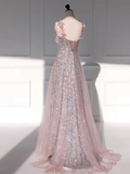 Princess A Line Straps Party Dress Sequin Pink Prom Dress HZ1022