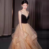 Ball Gown Straps Tulle Champagne Party Dress Long Prom Dress HZ1022