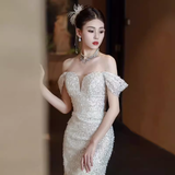 Mermaid Off The Shoulder Sequin Party Dress Long Prom Dress HZ1022