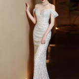 Mermaid Off The Shoulder Sequin Party Dress Long Prom Dress HZ1022