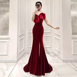 Mermaid Straps Velvet Red Party Dress Long Slit Prom Dress HZ1022