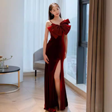 Mermaid Straps Velvet Red Party Dress Long Slit Prom Dress HZ1022