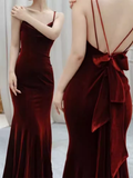 Mermaid Straps Velvet Red Party Dress Long Backless Prom Dress HZ1022