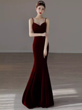 Mermaid Straps Velvet Red Party Dress Long Backless Prom Dress HZ1022