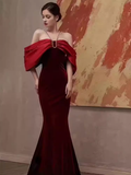 Mermaid Halter Red Velvet Party Dress Long Prom Dress HZ1022