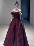 A line Strapless Black Party Dress Long Burgundy Prom Dress HZ1022