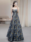 Vintage A line Strapless Party Dresses Long Blue Prom Dresses HZ1022