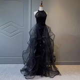Vintage A line Halter Black Party Dresses Sequin Prom Dresses HZ1022