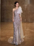 Princess Mermaid One Shoulder Party Dresses Sequin Lilac Prom Dresses HZ1022