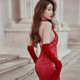 Sexy Mermaid Party Dresses Sequin Halter Red Prom Dresses HZ1022