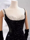 Mermaid Straps Sequin Black Backless Long Prom Dresses HZ1022