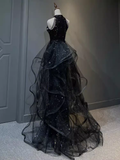 Vintage A line Halter Black Party Dresses Sequin Prom Dresses HZ1022