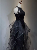 Vintage A line Halter Black Party Dresses Sequin Prom Dresses HZ1022