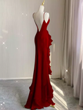 Simple Mermaid Red Chiffon Long Prom Dress HZ1022