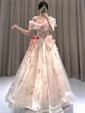 Ball Gown Strapless Champagne Floral Prom Dress Long Party Dresses HZ1022