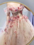Ball Gown Strapless Champagne Floral Prom Dress Long Party Dresses HZ1022