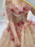 Ball Gown Strapless Champagne Floral Prom Dress Long Party Dresses HZ1022