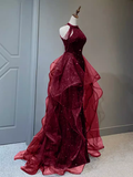 Sparkly Sheath Burgundy Sequin Long Prom Dress Party Dresses HZ1022